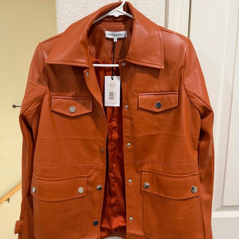 NWT WeWoreWhat Vegan Leather Utility Jacket Cognac XXS